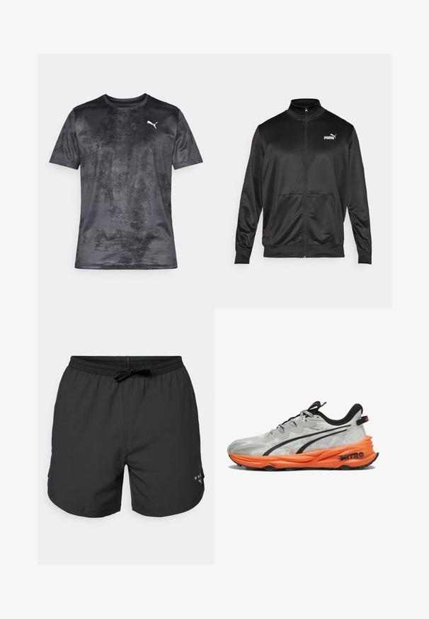 Juodas zip-up švarkas, pagamintas iš lygaus, blizgaus audinio. Turintis aukštą apykaklę, dvi priekinės kišenes ir baltą Puma logotipą kairiajame krūtinės kampe.; Juodas sportinis marškinėliai su tekstūruotu raštu, apvaliu kaklu, trumpomis rankovėmis ir baltu Puma logotipu kairėje krūtinės pusėje.; Juodos maudymosi šortai su elastinga juostele ir virvele. Lengva medžiaga su šoninėmis kišenėmis. Krajose yra mažas logotipas.; Pilkas ir baltas bėgimo batas su tekstūruotu viršumi, juodomis detalėmis ir oranžiniu putų padu. Yra išsiskirianti ženklinimo detalė ant kulno.