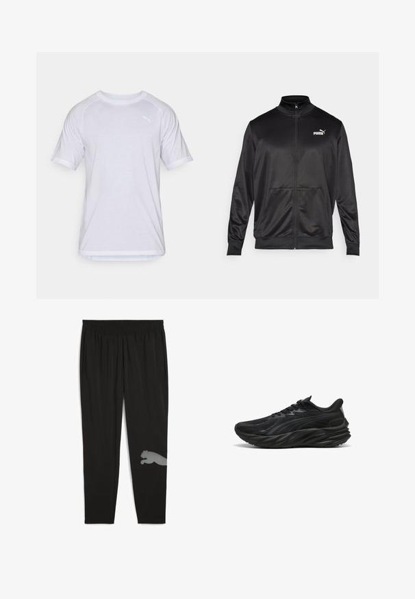 Schwarze Zip-Jacke aus glattem, glänzendem Stoff. Merkmale sind ein hoher Kragen, zwei Fronttaschen und ein weißes Puma-Logo auf der linken Brust.; Weißes T-Shirt mit kurzen Ärmeln und rundem Hals, flachen Nähten und einem dezenten Logo-Akzent auf der Brust. Hergestellt aus leichtem, atmungsaktivem Stoff.; Schwarze Sporthose aus leichtem Material. Verfügt über einen elastischen Bund, Seitentaschen und ein reflektierendes Design eines Pumas am unteren Bein.; Schwarzer Sportschuh mit einer strukturierten Oberseite, gewölbter Sohle und verstärktem Fersenbereich. Verfügt über Schnürsenkel und ein dezentes seitliches Designelement.