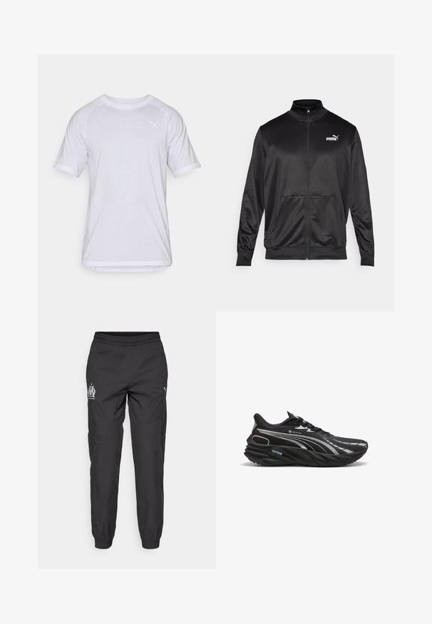 Sort zip-jakke lavet af glat, skinnende stof. Har en høj krave, to forlommer og et hvidt Puma-logo på venstre bryst.; Hvid kortærmet t-shirt med rund hals, flade sømme og en diskret logoaccents på brystet. Fremstillet af let og åndbart stof.; Sorte sportsbukser lavet af letvægtsstof. De har en elastisk linning, sidelommer og grå logoer på hver side.; Sort løbesko lavet af GORE-TEX materiale, med en tekstureret overdel, buet sål og reflekterende sølvdetaljer.