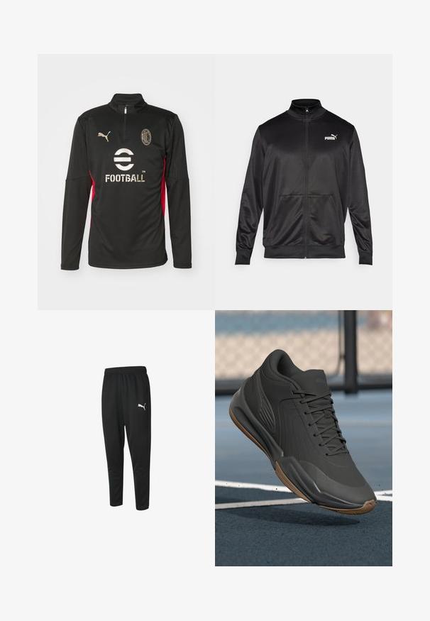 Black zip-up jacket made of smooth, shiny fabric. Features a high collar, two front pockets, and a white Puma logo on the left chest.; Puma AC MILAN TRAINING 1/4 ZIP - Club wear - black/for all time red; Black athletic pants made of smooth fabric, featuring a drawstring waist, tapered legs, and a small white Puma logo on the left side.; Black athletic shoe with a smooth synthetic upper, textured accents, and a gum rubber sole, designed for performance and comfort.