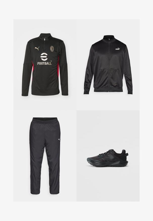 Black zip-up jacket made of smooth, shiny fabric. Features a high collar, two front pockets, and a white Puma logo on the left chest.; Puma AC MILAN TRAINING 1/4 ZIP - Club wear - black/for all time red; Black athletic pants made of smooth, lightweight material. Features an elastic waistband and a small white logo on the left side.; Black athletic shoe with a mesh upper, textured rubber sole, padded collar, and reflective accents. Features a rounded toe and lace-up design.