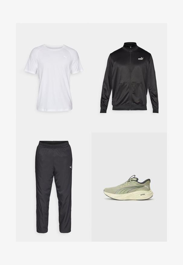 Černá bunda na zip vyrobená z hladké, lesklé látky. Má vysoký límec, dvě přední kapsy a bílé logo Puma na levé straně hrudi.; Bílé sportovní tričko s krátkým rukávem a hladkým povrchem. Má oválný výstřih a malé logo v světlejším odstínu na levé straně hrudi.; Černé sportovní kalhoty vyrobené z hladkého, lehkého materiálu. Mají elastický pas a malé bílé logo na levé straně.; Světle zelené běžecké boty s texturovaným síťovaným vrškem, reflexními akcenty, silnou polstrovanou podrážkou a černými detaily na patě a podrážce.