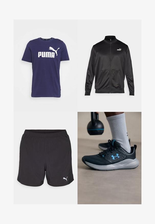 Chaqueta negra con cremallera hecha de un tejido liso y brillante. Presenta un cuello alto, dos bolsillos frontales y un logo blanco de Puma en el lado izquierdo del pecho.; Puma LOGO TEE - Camiseta estampada - peacoat; Pantalones cortos deportivos negros hechos de tela ligera, con una cinturilla elástica y un pequeño logo blanco de Puma en el lado izquierdo.; Zapatilla deportiva negra con acentos azules, parte superior texturizada y suela gris. Llevada con calcetines grises de canalé, al lado de una kettlebell negra.