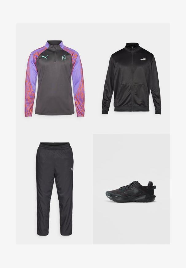 Melnā ar rāvējslēdzēju aizdaram veste, izgatavota no gludas, spīdīgas auduma. Tam ir augsta apkakle, divas priekšējās kabatas un balts Puma logotips kreisajā krūtī.; Tumši pelēkais garais piedurknes puloveris ar purpura piedurknēm, kas rotātas ar oranžām viļņainām svītrām, pusuzlādes apkakli un gaiši zilu logotipu uz krūšu daļas.; Melnas sporta bikses, kas izgatavotas no gluda, viegla materiāla. Iespējas ietver elastīgu jostu un mazu baltu logotipu kreisajā pusē.; Melnas sporta kurpes ar režģa augšdaļu, teksturētu gumijas zoli, mīkstinātu apkakli un atstarojošiem akcentiem. Iezīmē apaļu purngalu un auklu aizdari.