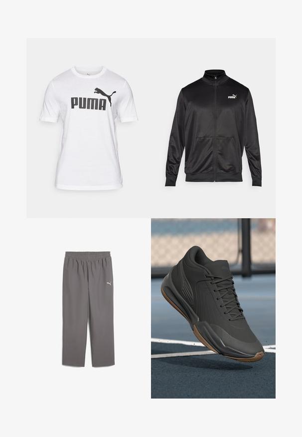 Black zip-up jacket made of smooth, shiny fabric. Features a high collar, two front pockets, and a white Puma logo on the left chest.; White cotton t-shirt featuring a large black "PUMA" logo and a black leaping cat graphic on the left side. Short sleeves, crew neck design.; Gray athletic pants with an elastic waistband, made of lightweight fabric. Features a small white logo on the left leg.; Black athletic shoe with a smooth synthetic upper, textured accents, and a gum rubber sole, designed for performance and comfort.