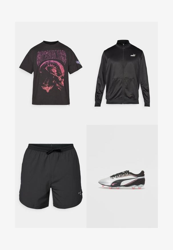 Svart zip-up jakke laget av glatt, skinnende stoff. Har høy krage, to frontlommer og en hvit Puma-logo på venstre bryst.; Svart bomull T-skjorte med et stort rosa hodeskallemotivs med teksten "VENT FRA HELVETE" over. Korte ermer og en avslappet passform.; Sorte svømmebukser med elastisk talje og snor. Letvægtsstof med sidelommer. Har et lille logo på kanten.; Sølv og svart fotballsko med teksturert overflate, utstyrt med rosa detaljer, lav silhuett og flere rosa spiker i sålen.