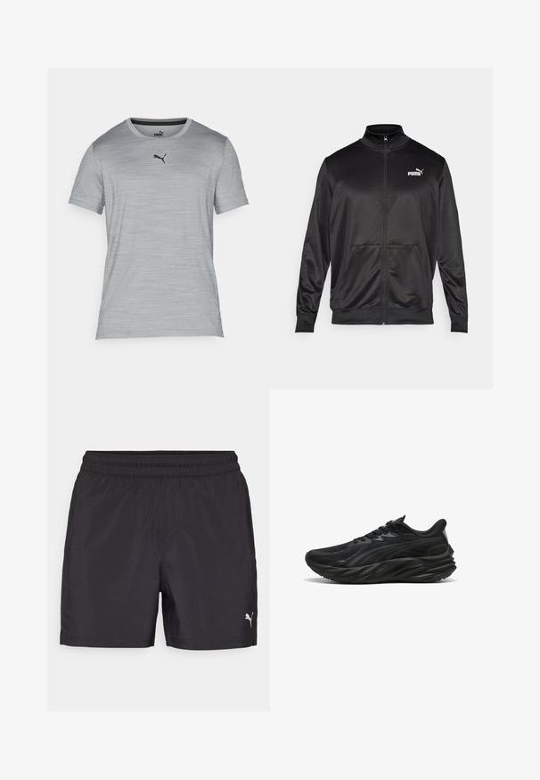 Mustat vetoketjulliset takit, jotka on valmistettu sileästä, kiiltävästä kankaasta. Ominaisuuksiin kuuluvat korkea kaulus, kaksi etutaskua ja valkoinen Puma-logo vasemmassa rinnassa.; Puma CLOUDSPUN - Tekninen t-paita - medium gray heather; Musta urheiluverkko hame, joka on valmistettu kevyestä materiaalista, joustavalla vyötärönauhalla ja jossa on pieni valkoinen logo alhaalla.; Mustat urheilukengät, joissa on teksturoitu päällinen, kaareva pohja ja vahvistettu kantapää. Varustettu nauhoilla ja hillityllä sivuelementillä.