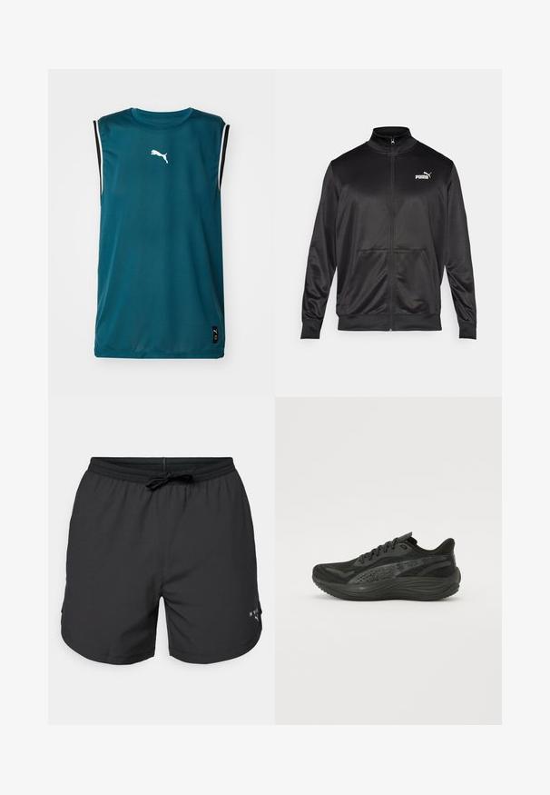 Melnā ar rāvējslēdzēju aizdaram veste, izgatavota no gludas, spīdīgas auduma. Tam ir augsta apkakle, divas priekšējās kabatas un balts Puma logotips kreisajā krūtī.; Puma WINNING SHOT TANK - Tops - cold green; Melnas peldbikses ar elastīgu jostasvietu un auklu. Vieglas audums ar sānu kabatām. Satur mazu logo uz apakšmalas.; Melna sporta kurpe ar teksturētu acu augšdaļu, plakanām auklām un mīkstu zolīti, kurai ir smalkas atstarojošās akcenti.