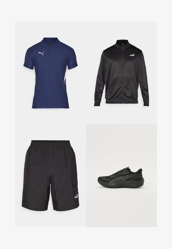 Juodas zip-up švarkas, pagamintas iš lygaus, blizgaus audinio. Turintis aukštą apykaklę, dvi priekinės kišenes ir baltą Puma logotipą kairiajame krūtinės kampe.; Tamsiai mėlyna polo marškinėliai, pagaminti iš kvėpuojančios medžiagos, su klasikiniu apykakle, dviem mygtukais ir baltais akcentais šonuose. Sidabrinis logotipas krūtinėje.; Juodos krovininės šortai su elastinga juosta, šoninėmis kišenėmis ir baltu Puma logotipu kairiajame šone. Pagaminti iš lengvos medžiagos.; Juodos sportinės bateliai su tekstūruotu mezginiu, plokščiomis raištelėmis ir paminkštintu padu, turinčiu subtilius atspindinčius akcentus.