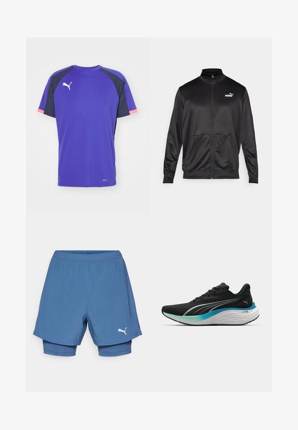 Crna jakna na zip od glatkog, sjajnog materijala. Ima visoki ovratnik, dva prednja džepa i bijeli Puma logo na lijevoj strani grudnog koša.; Puma INDIVIDUALLIGA - Sportska majica - bluemazing; Puma plave atletske šorce sa slojevim dizajnom, sa elastičnom gumicom u struku, glatkom teksturom i belim logotipom na donjem delu noge.; Crne atletske cipele s prozračnim gornjim dijelom, srebrnim detaljima i uloškom s amortizacijom koji ima dizajn gradijenta u plavo-zelenim tonovima.