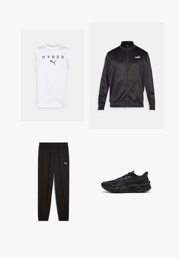 Must läikivast ja siledast kangast must kapuutsiga jakk. Omab kõrget kaelust, kahte esi-taskut ja valget Puma logo vasakul rinnal.; Valge ilma varrukateta T-särk, millel on boldse musta tekstiga "HYROX" ning all must Puma logo, valmistatud sujuvast kangast.; Mustad mustekad sportpantsid, mis on valmistatud kergest materjalist, elastse vöökoha, kitsenenud jalgadega ning vasakul reitel on valge Puma logo.; Must mustus kingad tekstuuriga ülemise osaga, kõverdunud tald ja tugevdatud konts. Omab paelu ja diskreetset külge kaunistavat elementi.