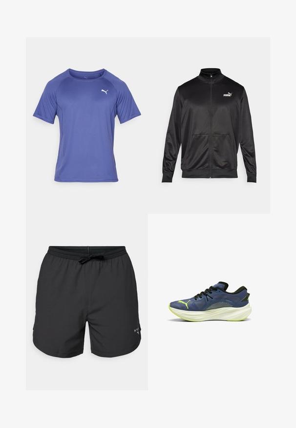 Čierna zipsová bunda vyrobená z hladkej, lesklej textílie. Má vysoký golier, dve predné vrecká a biele logo Puma na ľavej hrudi.; Fialové atletické tričko s krátkym rukávom vyrobené z ľahkej tkaniny. Má okrúhly výstrih a malé biele logo na ľavej hrudi.; Čierne plavkové šortky s elastickým pásom a šnúrkou. Ľahký materiál so bočnými vreckami. Na spodnom leme sa nachádza malé logo.; Modrá športová obuv s textúrovaným sieťovaným zvrškom, čiernymi šnúrkami a bielou, zakrivenou medzipodrážkou. Obsahuje zelený akcent a logo na boku.