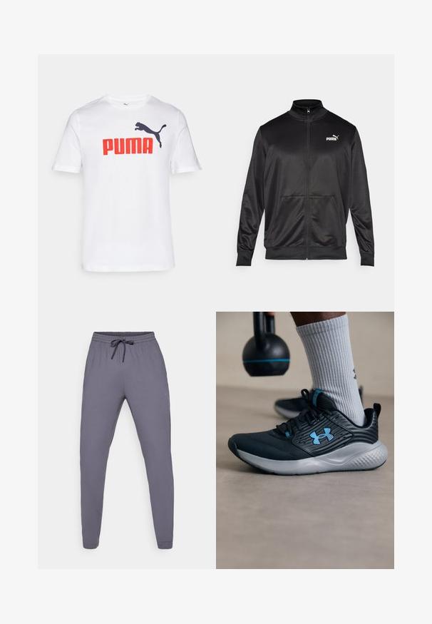 Sort zip-jakke lavet af glat, skinnende stof. Har en høj krave, to forlommer og et hvidt Puma-logo på venstre bryst.; Hvid bomulds t-shirt med et stort rødt "PUMA" logo og en sort springende puma grafik på venstre brystområde. Rund halsdesign.; Grå træningsbukser med elastisk talje og snor. Glat tekstur, tætsiddende ben-design, med et lille logo på siden.; Sort atletiksko med blå accenter, struktureret overdel og grå sål. Båret med grå ribbede sokker, ved siden af en sort kettlebell.