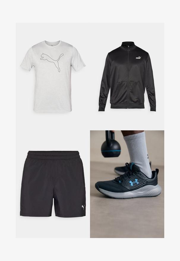 Casaco preto com fecho éclair, feito de um tecido liso e brilhante. Apresenta um colarinho alto, dois bolsos frontais e um logótipo branco da Puma no lado esquerdo do peito.; T-shirt branca de manga curta, feita de tecido suave, com um contorno preto de um logótipo de pantera a saltar na frente.; Calções desportivos pretos com um cós elástico, feitos de material leve, apresentando um pequeno logotipo branco na parte inferior.; Sapatilha atlética preta com detalhes em azul, parte superior texturizada e sola cinza. Usada com meias caneladas cinza, ao lado de um kettlebell preto.