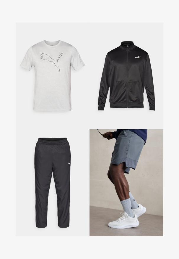 Svart zip-up jakke laget av glatt, skinnende stoff. Har høy krage, to frontlommer og en hvit Puma-logo på venstre bryst.; Hvit t-skjorte med korte ermer laget av myk stoff, med en svart omriss av en hoppende panterlogo foran.; Sorte treningsbukser laget av glatt, lett materiale. Har elastisk midjebånd og en liten hvit logo på venstre side.; Hvite treningssko med teksturert mesh-overdel, kombinert med lyseblå ribbestrikkede sokker med logo. Grå treningsshorts med perforert kant.