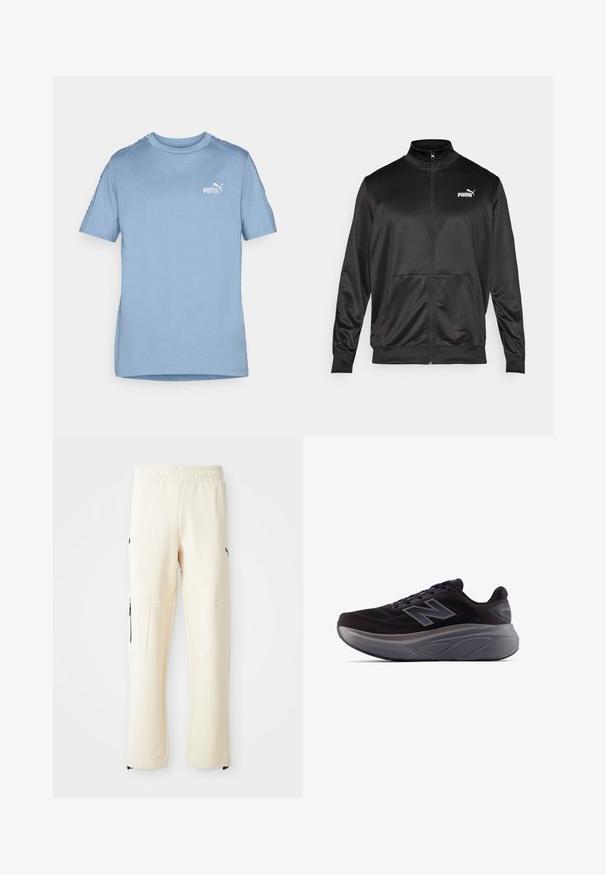 Black zip-up jacket made of smooth, shiny fabric. Features a high collar, two front pockets, and a white Puma logo on the left chest.; Light blue cotton T-shirt with short sleeves, rounded neckline, and white Puma logo on the chest. Features patterned accents along the shoulders.; Light beige sweatpants made from soft fabric. Features a black logo, side pockets with zippers, and a relaxed fit.; Black athletic shoe with a textured upper, reinforced heel, and a thick gray sole. Features a prominent "N" logo.