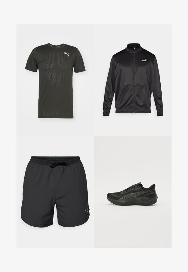 Černá bunda na zip vyrobená z hladké, lesklé látky. Má vysoký límec, dvě přední kapsy a bílé logo Puma na levé straně hrudi.; Černé sportovní tričko s krátkým rukávem, perforovanou strukturou a bílým logem na hrudi. Má kulatý výstřih a přiléhavý střih.; Černé plavkové šortky s elastickým pasem a stahovací šňůrkou. Lehce látka s bočními kapsami. Obsahuje malé logo na lemu.; Černá sportovní obuv s texturovaným síťovaným svrškem, plochými tkaničkami a polstrovanou podešví s decentními reflexními prvky.