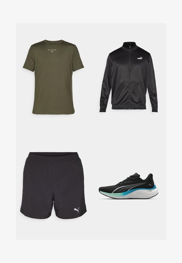 Černá bunda na zip vyrobená z hladké, lesklé látky. Má vysoký límec, dvě přední kapsy a bílé logo Puma na levé straně hrudi.; Olive zelené sportovní tričko vyrobené z lehkého materiálu, s kulatým výstřihem a krátkými rukávy. Na hrudi logo "HYROX" a emblém Puma.; Černé sportovní šortky vyrobené z lehkého materiálu, s elastickým pasem a malým bílým logem Puma na levé straně.; Černá sportovní bota s prodyšným svrškem, stříbrnými akcenty a polstrovanou mezipodešví s modro-zeleným gradientním designem.