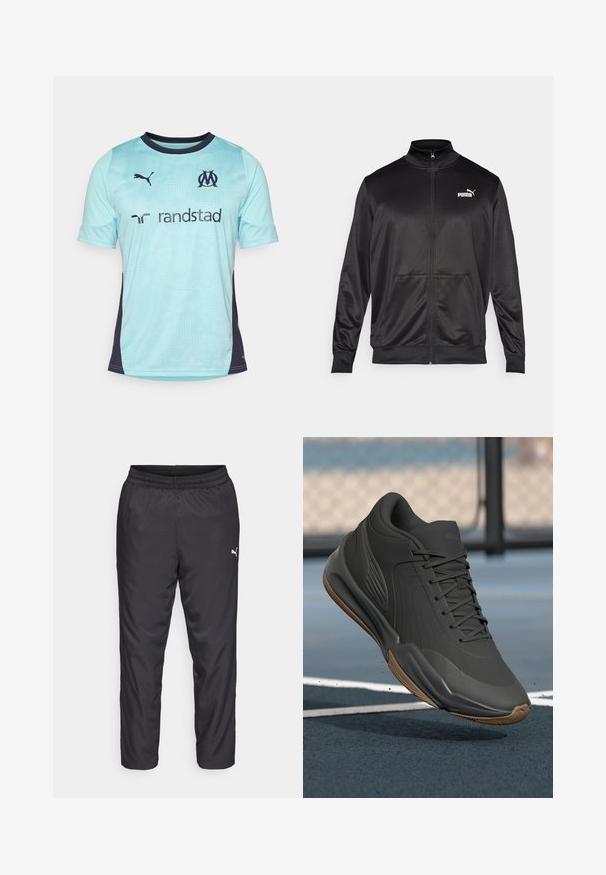 Fekete, sima, fényes anyagból készült, cipzáros dzseki. Magas gallérral, két elülső zsebbel és fehér Puma logóval rendelkezik a bal mellrészen.; Világoskék, rövidujjú futballmezt sötétkékkel kiemelve, textúrázott mintával, kerek nyakkivágással és logókkal a mellkason és az ujjakon.; Fekete sportos nadrág sima, könnyű anyagból. Rugalmas derékkal rendelkezik, és a bal oldalon egy kis fehér logó található.; Fekete sportcipő sima szintetikus felsőrésszel, mintás díszítésekkel és gumi talppal, melyet teljesítményre és kényelemre terveztek.