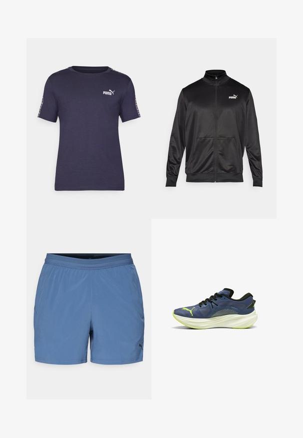 Sort zip-jakke lavet af glat, skinnende stof. Har en høj krave, to forlommer og et hvidt Puma-logo på venstre bryst.; Mørkeblå t-shirt lavet af glat stof, med rund hals, korte ærmer og et hvidt Puma-logo på brystet samt mønstrede detaljer på ærmerne.; Blå træningsshorts med elastisk talje, lavet af let, glat materiale; har et logo på den nederste venstre foran.; Blå atletisk sko med en struktureret mesh-overdel, sorte snørebånd og en hvid, buet mellemsål. Har en grøn accent og et logo på siden.