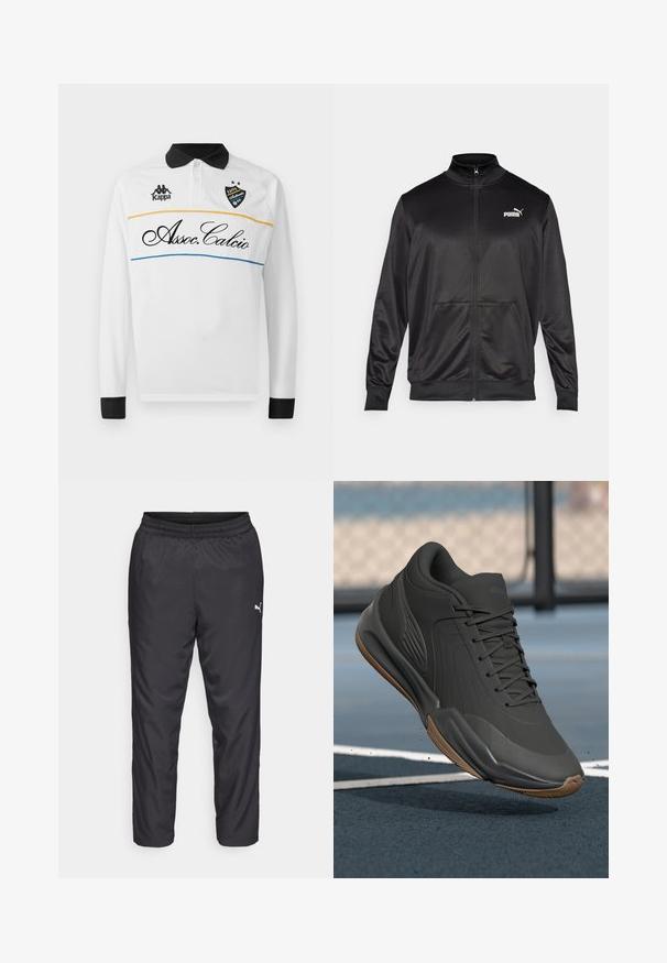 Fekete, sima, fényes anyagból készült, cipzáros dzseki. Magas gallérral, két elülső zsebbel és fehér Puma logóval rendelkezik a bal mellrészen.; Fehér, hosszú ujjú póló, fekete gallérral és mandzsettákkal. Horizontális kialakítással rendelkezik, sárga és kék csíkokkal. Kappa logó és "Assoc.Calcio" felirattal, írásos betűtípussal.; Fekete sportos nadrág sima, könnyű anyagból. Rugalmas derékkal rendelkezik, és a bal oldalon egy kis fehér logó található.; Fekete sportcipő sima szintetikus felsőrésszel, mintás díszítésekkel és gumi talppal, melyet teljesítményre és kényelemre terveztek.