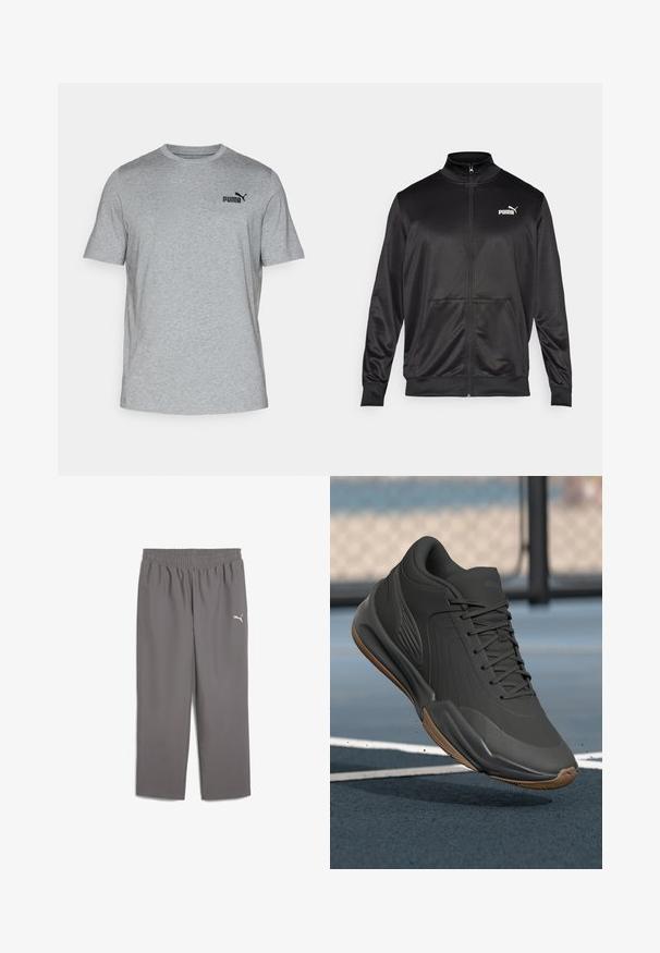 Svart zip-up jacka i slät, glänsande tyg. Har hög krage, två framfickor och en vit Puma-logotyp på vänster bröst.; Grå kortärmad t-shirt i mjukt tyg, med rund halsringning och en liten svart Puma-logga på bröstet.; Grå träningsbyxor med elastisk midja, gjorda av lättviktigt material. Har en liten vit logotyp på vänster ben.; Svart sportskor med en slät syntetisk ovandel, strukturerade detaljer och en sula i gummigummi, designad för prestanda och komfort.