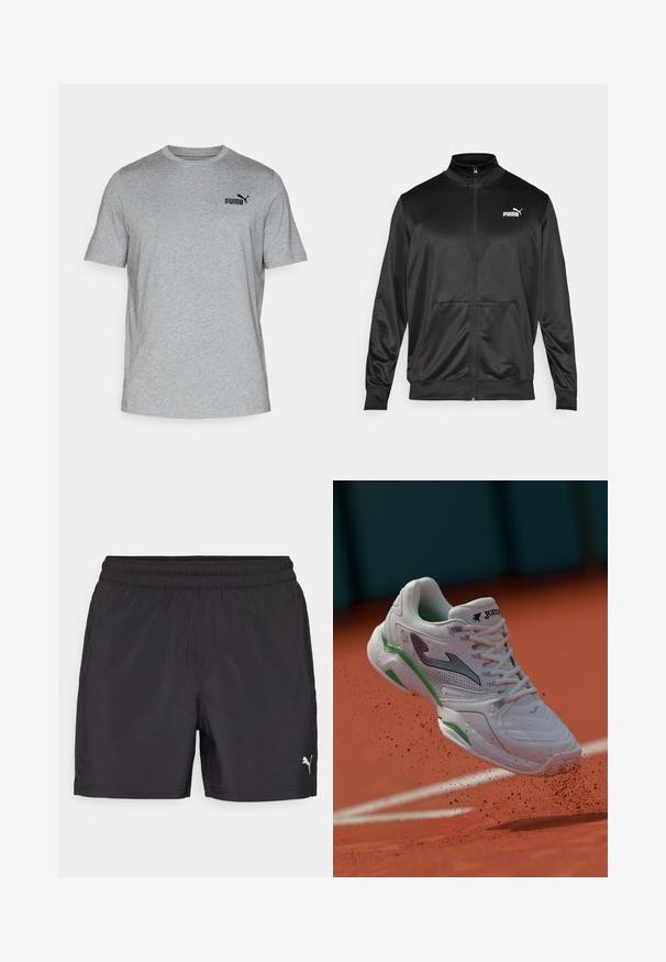 Svart zip-up jakke laget av glatt, skinnende stoff. Har høy krage, to frontlommer og en hvit Puma-logo på venstre bryst.; Grå T-skjorte med kort erm laget av mykt stoff, med rund hals og en liten svart Puma-logo på brystet.; Svartidrettsshorts med elastisk midje, laget av lett materiale, med en liten hvit logo på den nedre siden.; Hvit treningssko med grå og grønn aksent, snørelukking, teksturert mesh-overdel og mønstret såle, suspendert over en leirbane.