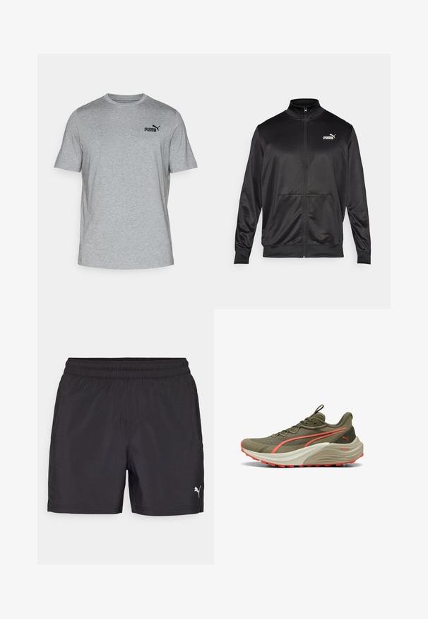 Jachetă neagră cu fermoar, made dintr-un material neted, lucios. Dispune de un guler înalt, două buzunare frontale și un logo alb Puma pe pieptul stâng.; Tricou gri cu mânecă scurtă, realizat dintr-un material moale, având un decolteu rotund și un mic logo negru Puma pe piept.; Şorturi atletice negre cu un brâu elastic, realizate din material ușor, având un logo mic alb pe partea inferioară.; Adidași de alergare verde măsliniu cu un upper texturat, accente corai și un intermediar alb gros. Prezentând o talpă din cauciuc durabil pentru aderență.