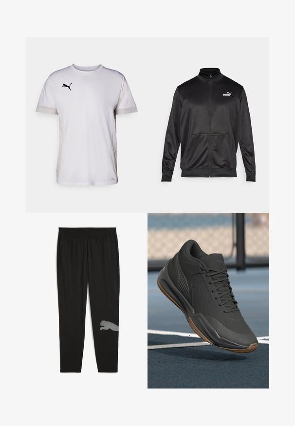 Jachetă neagră cu fermoar, made dintr-un material neted, lucios. Dispune de un guler înalt, două buzunare frontale și un logo alb Puma pe pieptul stâng.; Cămașă sport albă cu mâneci scurte și guler rotund, având accente din plasă respirabilă pe laterale și un logo Puma negru pe piept.; Pantaloni sport negri dintr-un material ușor. Au un elastic la talie, buzunare laterale și un design reflectorizant cu un puma pe partea inferioară a piciorului.; Pantofii sport negri, cu un brâu superior sintetic neted, accente texturate și talpă din cauciuc de tip gumă, proiectați pentru performanță și confort.