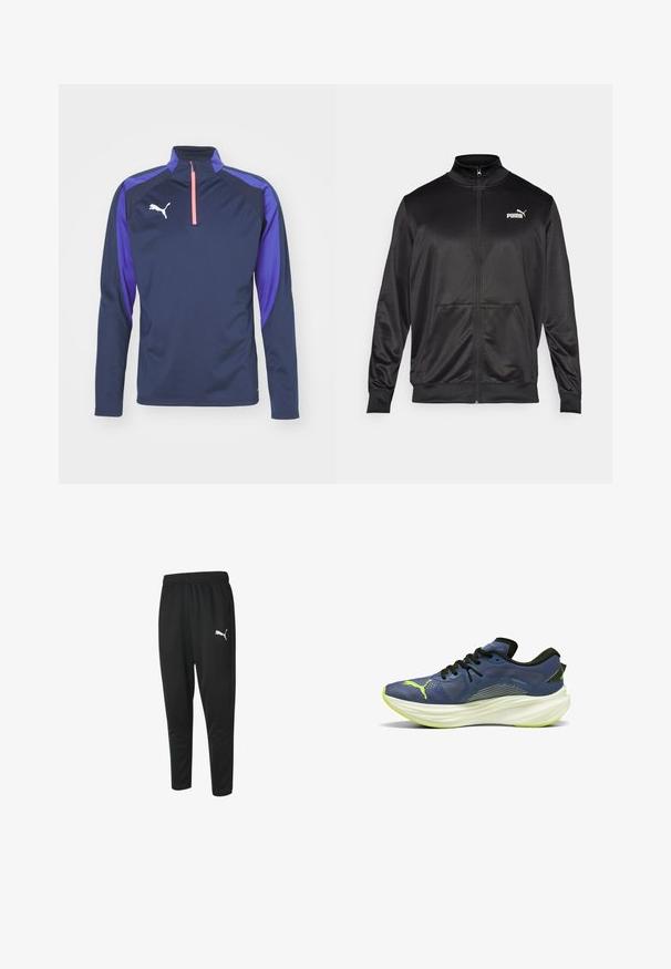 Juodas zip-up švarkas, pagamintas iš lygaus, blizgaus audinio. Turintis aukštą apykaklę, dvi priekinės kišenes ir baltą Puma logotipą kairiajame krūtinės kampe.; Jūrinės tamsiai mėlynos spalvos ilgomis rankovėmis megztinis su violetiniais akcentais, pusiau užtrauktuku ir baltu logotipu. Pagamintas iš lygaus, kvėpuojančio audinio.; Juoda sportinė kelnė iš lygaus audinio, su raišteliu juosmenyje, siaurėjančiomis kojomis ir mažuoju baltu Puma logotipu kairėje pusėje.; Mėlynas sportinis batelis su tekstūruotu tinkleliu, juodomis raištelėmis ir balta, išlenkta vidurinė padanga. Yra žalias akcentas ir logotipas šone.