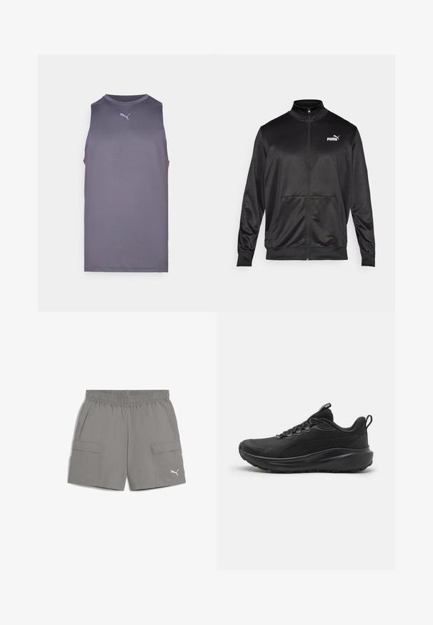 Black zip-up jacket made of smooth, shiny fabric. Features a high collar, two front pockets, and a white Puma logo on the left chest.; Sleeveless athletic tank top in dark purple fabric, featuring a round neckline and a small white Puma logo on the chest. Smooth texture.; Gray cargo shorts made of lightweight fabric, featuring an elastic waistband, two side pockets, and a small logo on the lower left.; Black athletic shoes with a textured mesh upper, padded collar, laces, and a rubber outsole. Features a sleek design and sturdy construction.