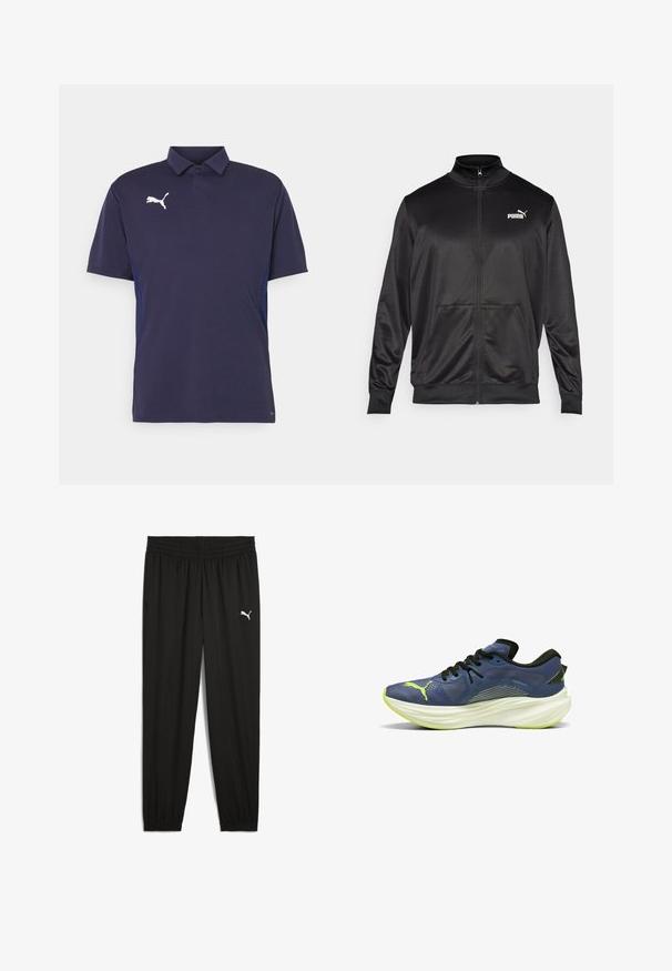 Melnā ar rāvējslēdzēju aizdaram veste, izgatavota no gludas, spīdīgas auduma. Tam ir augsta apkakle, divas priekšējās kabatas un balts Puma logotips kreisajā krūtī.; Tumši zila polo krekls ar īsām piedurknēm, kurā ir balts Puma logo uz krūtīm un teksturēti paneļi sānos. Klasiska apkakles dizains.; Melni sporta bikses, kas izgatavotas no viegla materiāla, ar elastīgu vidukli, šaurām kājām un baltu Puma logo kreisajā augšstilbā.; Zilā sporta apava ar strukturētu sietu, melniem aizdariem un baltu, izliekta vidussole. Icludes zaļu akcentu un logotipu uz sāna.