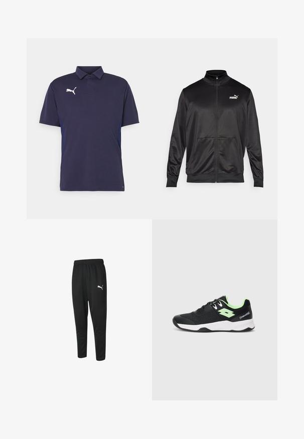 Juodas zip-up švarkas, pagamintas iš lygaus, blizgaus audinio. Turintis aukštą apykaklę, dvi priekinės kišenes ir baltą Puma logotipą kairiajame krūtinės kampe.; Tamsiai mėlynas polo marškinėliai su trumpomis rankovėmis, su baltu Puma logotipo ant krūtinės ir tekstūruotais šonų elementais. Klasikinis apykaklės dizainas.; Juoda sportinė kelnė iš lygaus audinio, su raišteliu juosmenyje, siaurėjančiomis kojomis ir mažuoju baltu Puma logotipu kairėje pusėje.; Juodos ir žalios sportinės bateliai su nėriniais, su tinklelio viršumi, balta padu ir "padel" logotipu ant kulno šono, rodomi profilio požiūriu ant balto fono.