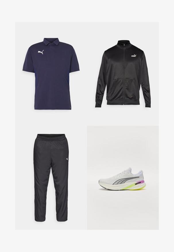 Svart zip-up jakke laget av glatt, skinnende stoff. Har høy krage, to frontlommer og en hvit Puma-logo på venstre bryst.; Mørkeblå polo-skjorte med korte ermer, med en hvit Puma-logo på brystet og teksturerte paneler på sidene. Klassisk krage-design.; Sorte treningsbukser laget av glatt, lett materiale. Har elastisk midjebånd og en liten hvit logo på venstre side.; Hvit sportssko med pustende mesh-overdel, svarte aksenter og en flerfarget såle med lilla og grønne detaljer.