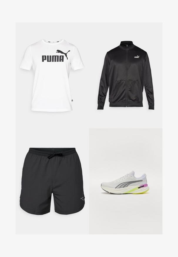 Chaqueta negra con cremallera hecha de un tejido liso y brillante. Presenta un cuello alto, dos bolsillos frontales y un logo blanco de Puma en el lado izquierdo del pecho.; Camiseta de algodón blanca con un gran logo negro de "PUMA" y una silueta negra de puma en el hombro izquierdo. Mangas cortas, cuello redondo.; Bañador negro con cintura elástica y cordón. Tela ligera con bolsillos laterales. Presenta un pequeño logo en el dobladillo.; Zapatilla deportiva blanca con parte superior de malla transpirable, detalles en negro y una suela multicolor con detalles en morado y verde.