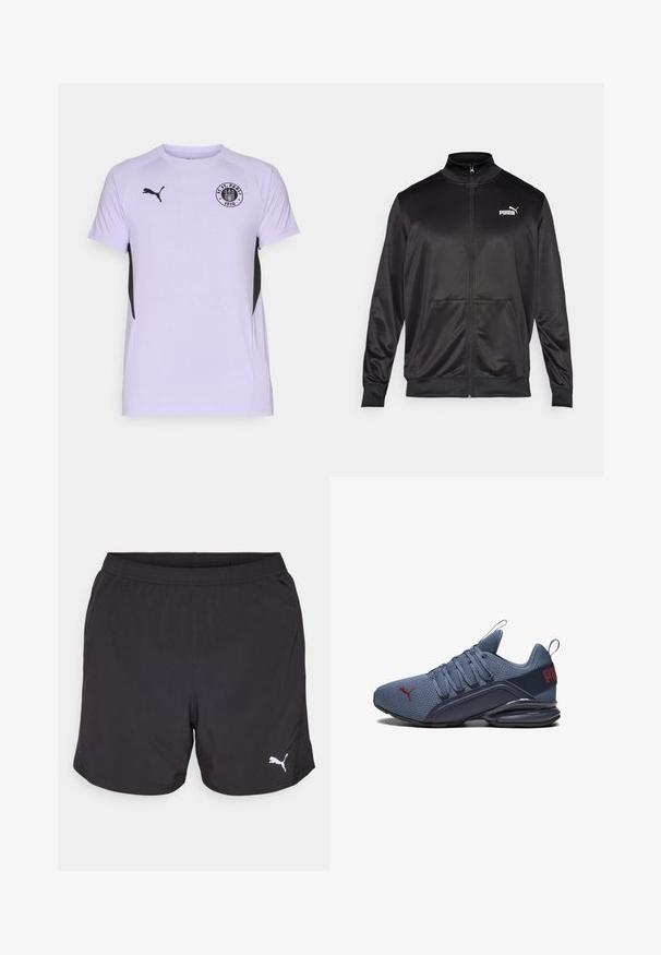Črna jakna na zadrgo iz gladkega, sijočega materiala. Ima visok ovratnik, dva sprednja žepa in belo Puma logotip na levem prsnem delu.; Svetlo vijolična športna majica s kratkimi rokavi, črnimi detajli na straneh in okroglo logo z napisom "FC St. Pauli 1910."; Črne atletske kratke hlače iz lahkega materiala, z elastičnim pasom in majhnim belim logotipom Puma na levi strani.; Modra športna čevlja z mrežnim zgornjim delom, opremljena z trdim gumijastim podplatom, izrazitim logotipom in vezalnim sistemom za udobno prileganje.