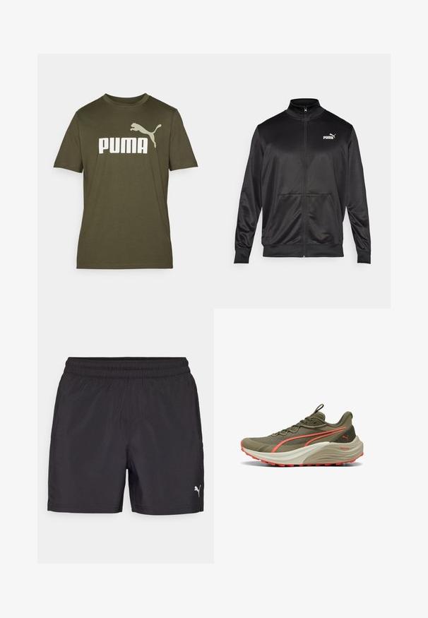 Must läikivast ja siledast kangast must kapuutsiga jakk. Omab kõrget kaelust, kahte esi-taskut ja valget Puma logo vasakul rinnal.; Oliivroheline puuvillane t-särk, millel on suur valge "PUMA" logo ja hüppava puma graafika vasakul õlal. Lühikesed varrukad, ümar kaelus.; Mustad mustriga lühikesed püksid, elastse vöökoha ja kerge materjaliga, millel on alumises servas väike valge logo.; Olivroheline jooksujalats tekstuursete ülemiste osadega, koralltooni aktsentidega ja paksu valge vahe põhjaosaga. Omab vastupidavat kummist välispinda haardumise tagamiseks.