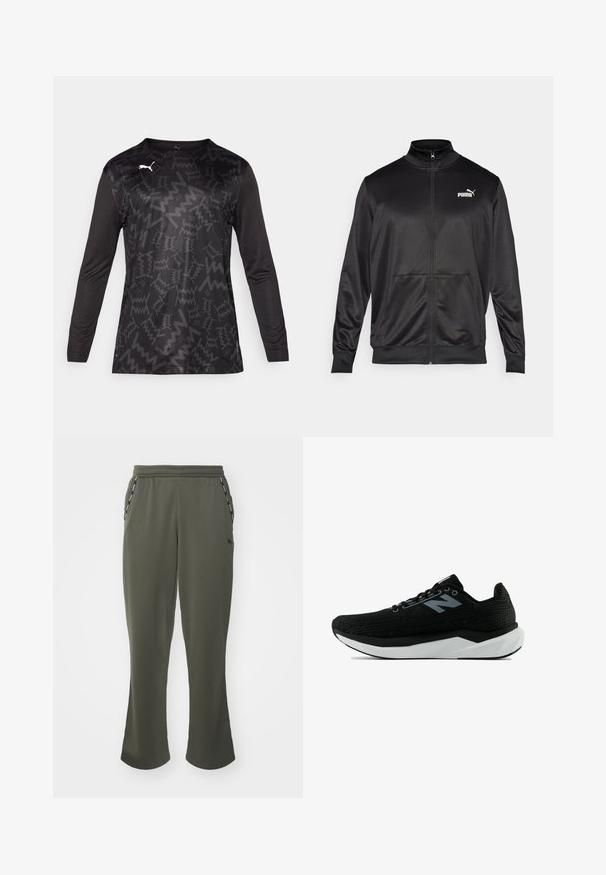 Melnā ar rāvējslēdzēju aizdaram veste, izgatavota no gludas, spīdīgas auduma. Tam ir augsta apkakle, divas priekšējās kabatas un balts Puma logotips kreisajā krūtī.; Melnas sporta krekls garām piedurknēm ar strukturētu zigzaga rakstu, apaļš izgriezums un balts logo akcenti priekšpusē.; Olīvu zaļas sporta bikses ar brīvu piegriezumu, elastīgu jostu, sānu kabatām un kontrastējošiem melniem akcentiem gar kabatām. Mīksts auduma tekstūra.; Melnas sporta apavi ar rakstainu tīklojuma augšdaļu, baltu vidējo zolīti un melnu ārējo zolīti. Aprīkoti ar melnām šņorēm un smalku gaismas pelēkas krāsas logotipu.