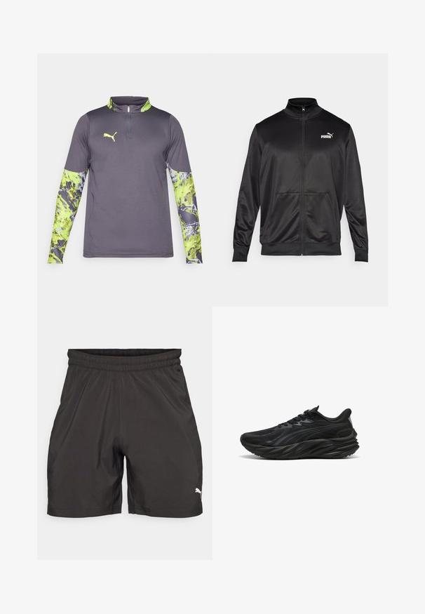 Černá bunda na zip vyrobená z hladké, lesklé látky. Má vysoký límec, dvě přední kapsy a bílé logo Puma na levé straně hrudi.; Šedé sportovní tričko s límcem na čtvrtinu zipu. Dlouhé rukávy mají živý zeleno-šedý abstraktní vzor. Logo na hrudi.; Černé sportovní šortky vyrobené z lehkého materiálu, s elastickým pasem a malým bílým logem na dolní levé straně.; Černá sportovní bota s texturovaným svrchním materiálem, zakřivenou podrážkou a vyztuženou patou. Obsahuje tkaničky a decentní boční designový prvek.