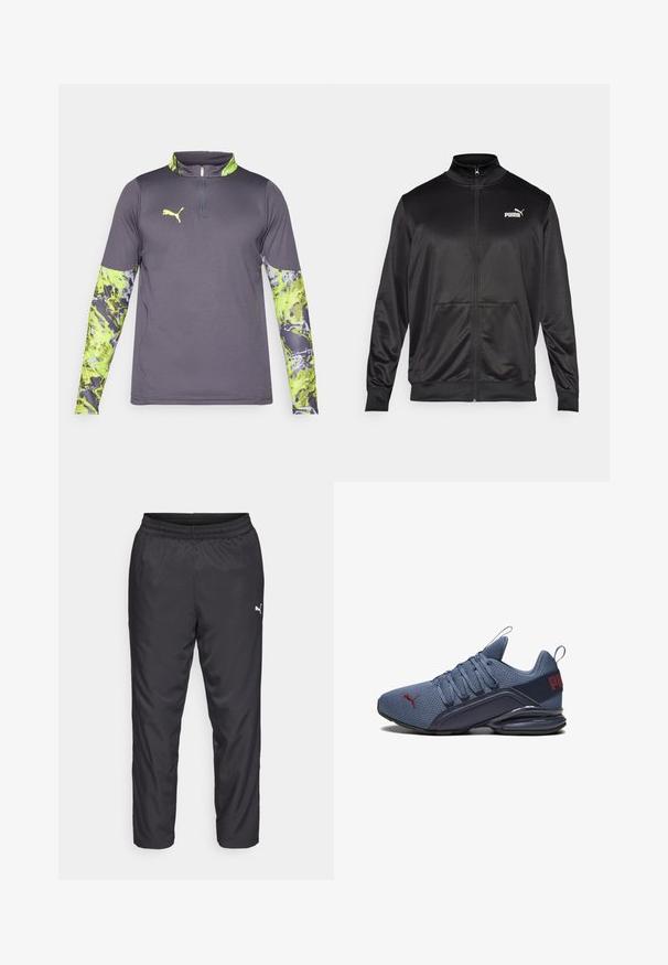 Fekete, sima, fényes anyagból készült, cipzáros dzseki. Magas gallérral, két elülső zsebbel és fehér Puma logóval rendelkezik a bal mellrészen.; Szürke sportpóló negyedcipzáros gallérral. Hosszú ujjai élénk zöld és szürke absztrakt mintázattal rendelkeznek. Logó a mellkason.; Fekete sportos nadrág sima, könnyű anyagból. Rugalmas derékkal rendelkezik, és a bal oldalon egy kis fehér logó található.; Kék sportcipő hálós felsőrésszel, masszív gumitalppal, kiemelkedő logó részlettel és fűzős záródással a biztos illeszkedés érdekében.