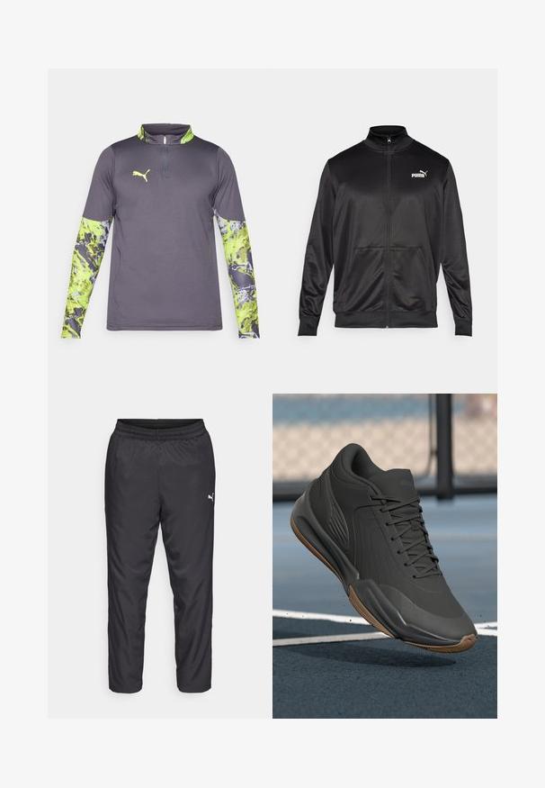 Casaco preto com fecho éclair, feito de um tecido liso e brilhante. Apresenta um colarinho alto, dois bolsos frontais e um logótipo branco da Puma no lado esquerdo do peito.; Camisa atlética cinza com um colarinho de fecho de um quarto. As mangasLongas apresentam um padrão abstrato vibrante em verde e cinza. Logótipo no peito.; Calças de treino negras feitas de material liso e leve. Apresenta um cós elástico e um pequeno logótipo branco no lado esquerdo.; Sapatilha atlética preta com um superior sintético liso, detalhes texturizados e sola de borracha natural, projetada para desempenho e conforto.
