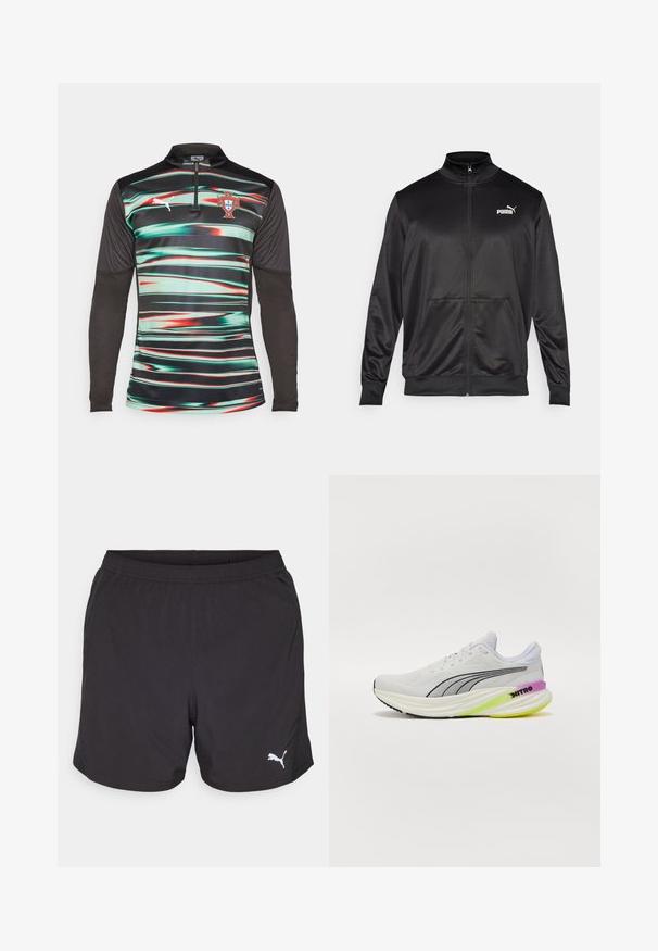 Czarna kurtka na zamek wykonana z gładkiego, błyszczącego materiału. Posiada wysoki kołnierz, dwie przednie kieszenie oraz białe logo Puma na lewej piersi.; Koszulka sportowa Puma z długim rękawem, z zielonymi i czerwonymi poziomymi paskami na czarnym tle, z kołnierzykiem na ćwierć zamka i emblematem Portugalii na piersi.; Czarne sportowe szorty wykonane z lekkiego materiału, z elastycznym pasem i małym białym logo Puma po lewej stronie.; Białe sportowe buty z przewiewną siateczką, czarnymi akcentami i kolorową podeszwą z purpurowymi i zielonymi detalami.
