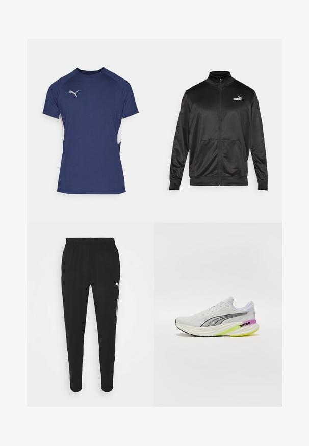 Chaqueta negra con cremallera hecha de un tejido liso y brillante. Presenta un cuello alto, dos bolsillos frontales y un logo blanco de Puma en el lado izquierdo del pecho.; Camiseta deportiva de color azul marino con mangas cortas. Presenta paneles laterales blancos y un logo plateado de Puma en el pecho. Está hecha de una tela suave.; Pantalones deportivos negros con cintura elástica, ajuste entallado y bolsillos laterales con cremallera. Presenta un logo en blanco en el muslo izquierdo.; Zapatilla deportiva blanca con parte superior de malla transpirable, detalles en negro y una suela multicolor con detalles en morado y verde.