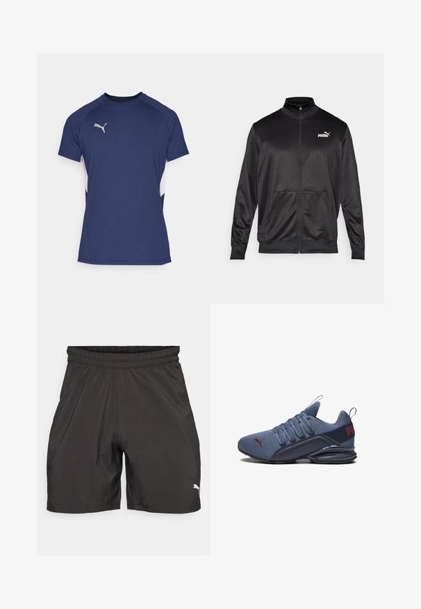 Fekete, sima, fényes anyagból készült, cipzáros dzseki. Magas gallérral, két elülső zsebbel és fehér Puma logóval rendelkezik a bal mellrészen.; Sötétkék sportpóló rövid ujjakkal. Fehér oldalsávokkal és ezüst Puma logóval a mellkason. Simaságot biztosító anyagból készült.; Fekete sportnadrág könnyű szövetből, rugalmas derékrésszel és egy kis fehér logóval a bal alsó oldalon.; Kék sportcipő hálós felsőrésszel, masszív gumitalppal, kiemelkedő logó részlettel és fűzős záródással a biztos illeszkedés érdekében.