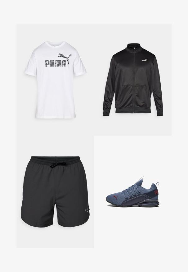 Černá bunda na zip vyrobená z hladké, lesklé látky. Má vysoký límec, dvě přední kapsy a bílé logo Puma na levé straně hrudi.; Bílé tričko s krátkým rukávem vyrobené z bavlny, na kterém je velké logo "PUMA" v kamuflážovém vzoru s grafikou skákajícího pumy nad ním.; Černé plavkové šortky s elastickým pasem a stahovací šňůrkou. Lehce látka s bočními kapsami. Obsahuje malé logo na lemu.; Modrá sportovní obuv s textilním svrškem, disponující pevným gumovým podešví, výrazným logem a šněrováním pro ideální padnutí.