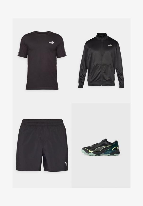 Chaqueta negra con cremallera hecha de un tejido liso y brillante. Presenta un cuello alto, dos bolsillos frontales y un logo blanco de Puma en el lado izquierdo del pecho.; Camiseta de manga corta negra hecha de algodón. Presenta un cuello redondo, logo de PUMA en el pecho y acentos estampados a lo largo de las mangas.; Pantalones cortos deportivos negros con una cinturilla elástica, hechos de material liviano, con un pequeño logotipo blanco en el lado inferior.; Zapatillas deportivas negras con una parte superior de malla texturizada, acentos en color azul verdoso y una suela verde flexible con un patrón de zigzag. Cordoneras y puntera reforzada.