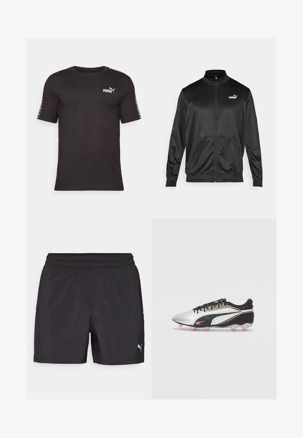 Crna jakna na zip od glatkog, sjajnog materijala. Ima visoki ovratnik, dva prednja džepa i bijeli Puma logo na lijevoj strani grudnog koša.; Crna kratka majica s kratkim rukavima od pamuka. Ima okrugli izrez, PUMA logo na prsima i uzorke duž rukava.; Crne atletske kratke hlače s elastičnim pojasom, izrađene od laganog materijala, s malim bijelim logom na donjoj strani.; Srebrne i crne nogometne kopačke s teksturiranom površinom, s ružičastim naglascima, niskim profilom i više ružičastih potplata s šiljcima.