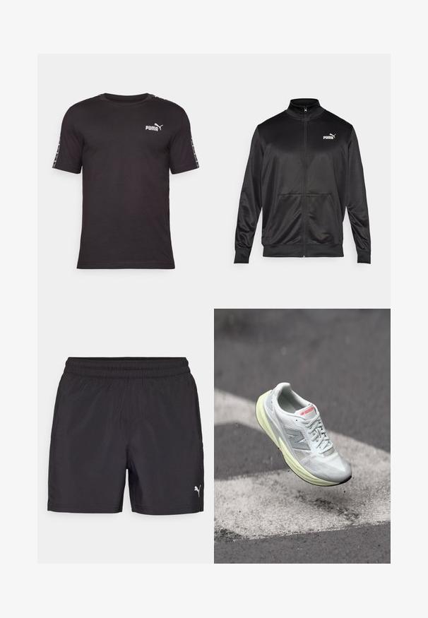 Čierna zipsová bunda vyrobená z hladkej, lesklej textílie. Má vysoký golier, dve predné vrecká a biele logo Puma na ľavej hrudi.; Čierne tričko s krátkym rukávom vyrobené z bavlny. Má okrúhly výstrih, logo PUMA na hrudi a vzorové akcenty pozdĺž rukávov.; Čierne športové šortky s elastickým pásom, vyrobené z ľahkého materiálu, s malým bielym logom na spodnej strane.; Ľahká bežecká obuv s bielou sieťovinou na hornej časti, žltou medzipodrážkou a sivými akcentmi. Vyznačuje sa výrazným logom 'N' a textúrovaným povrchom.