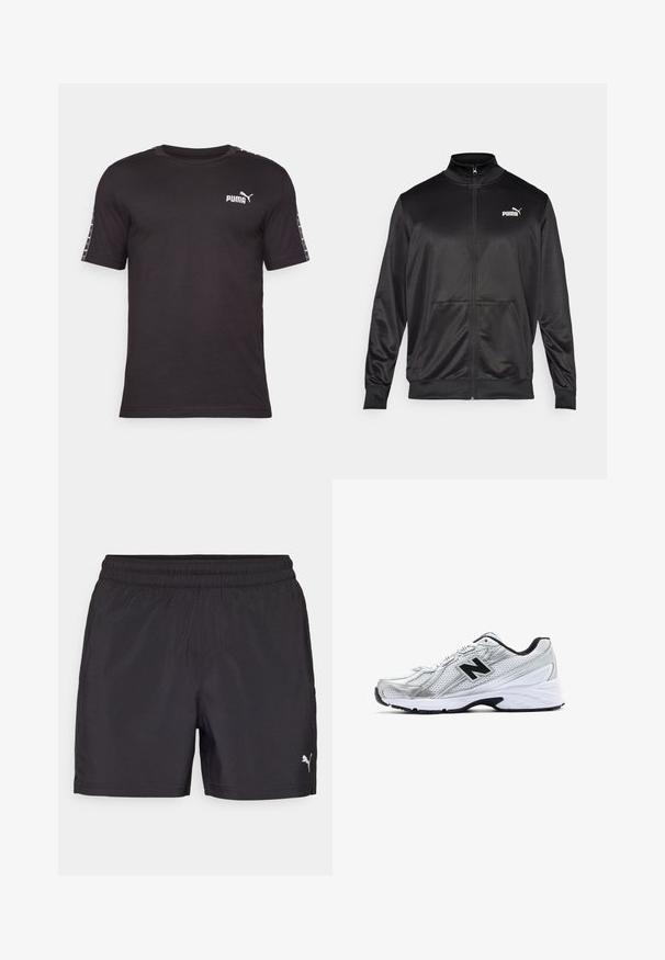Jachetă neagră cu fermoar, made dintr-un material neted, lucios. Dispune de un guler înalt, două buzunare frontale și un logo alb Puma pe pieptul stâng.; Tricou negru cu mânecă scurtă, din bumbac. Are guler rotund, logo-ul PUMA pe piept și accente modelate pe mâneci.; Şorturi atletice negre cu un brâu elastic, realizate din material ușor, având un logo mic alb pe partea inferioară.; Adidași argintii de sport, din material mesh, cu accente negre, design perforat și o talpă albă căptușită. Prezintă un logo 'N' proeminent.