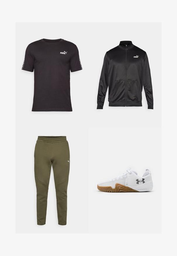 Black zip-up jacket made of smooth, shiny fabric. Features a high collar, two front pockets, and a white Puma logo on the left chest.; Black short-sleeve t-shirt made of cotton. Features a round neck, PUMA logo on the chest, and patterned accents along the sleeves.; Olive green sweatpants with a tapered fit, elastic waistband, and a small white logo on the left side. Soft fabric with a smooth texture.; White athletic shoes featuring a mesh upper, rubber outsole with a gum color, textured accents, and a black logo on the side.
